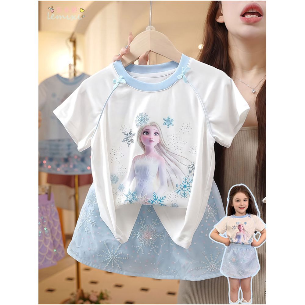 Girl Elsa Short sleeved Sparkling Skirt Set 2025 Summer Women s Treasure Mesh Cartoon Fake Two piece T shirt Half body Short Skirt 9 image 4