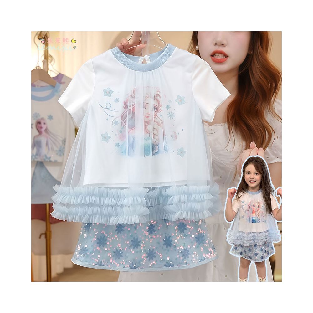 Girl Elsa Short sleeved Sparkling Skirt Set  Summer Women s Treasure Mesh Cartoon Fake Two piece T shirt Half body Short Skirt 9