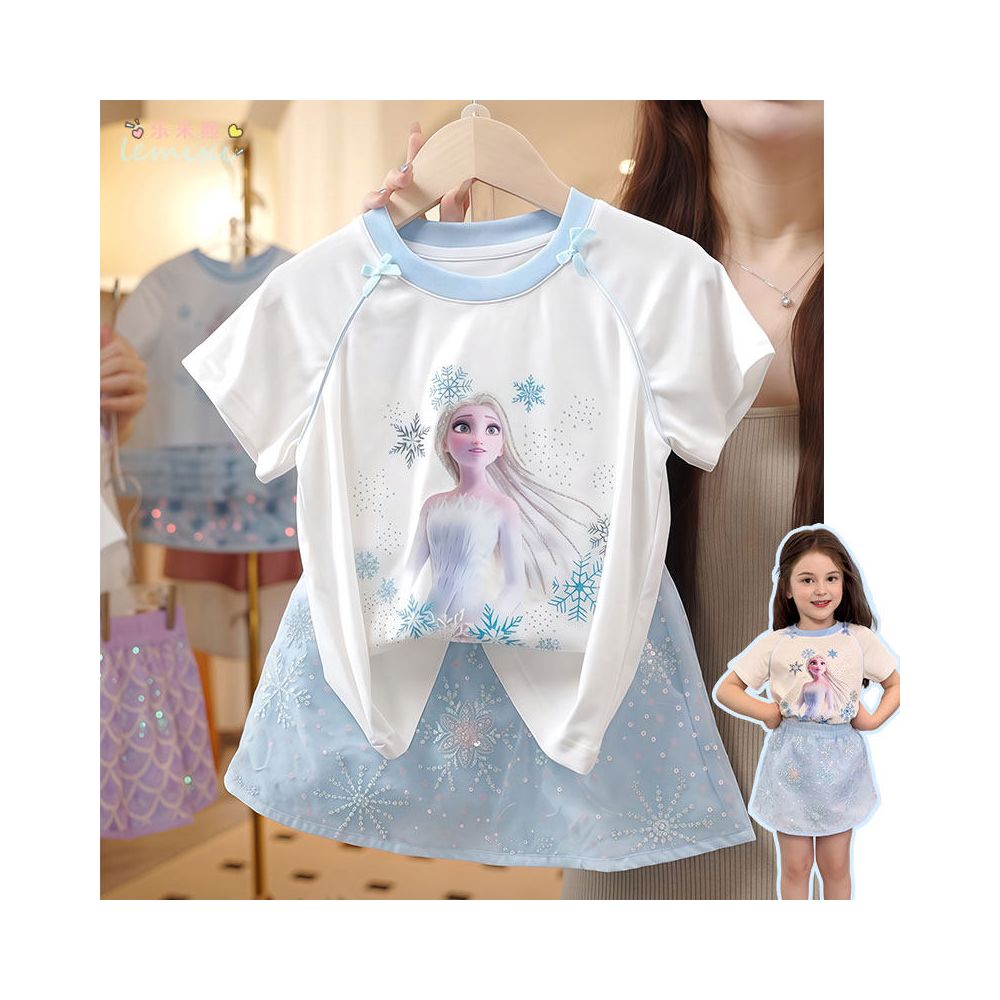Girl Elsa Short sleeved Sparkling Skirt Set  Summer Women s Treasure Mesh Cartoon Fake Two piece T shirt Half body Short Skirt 9