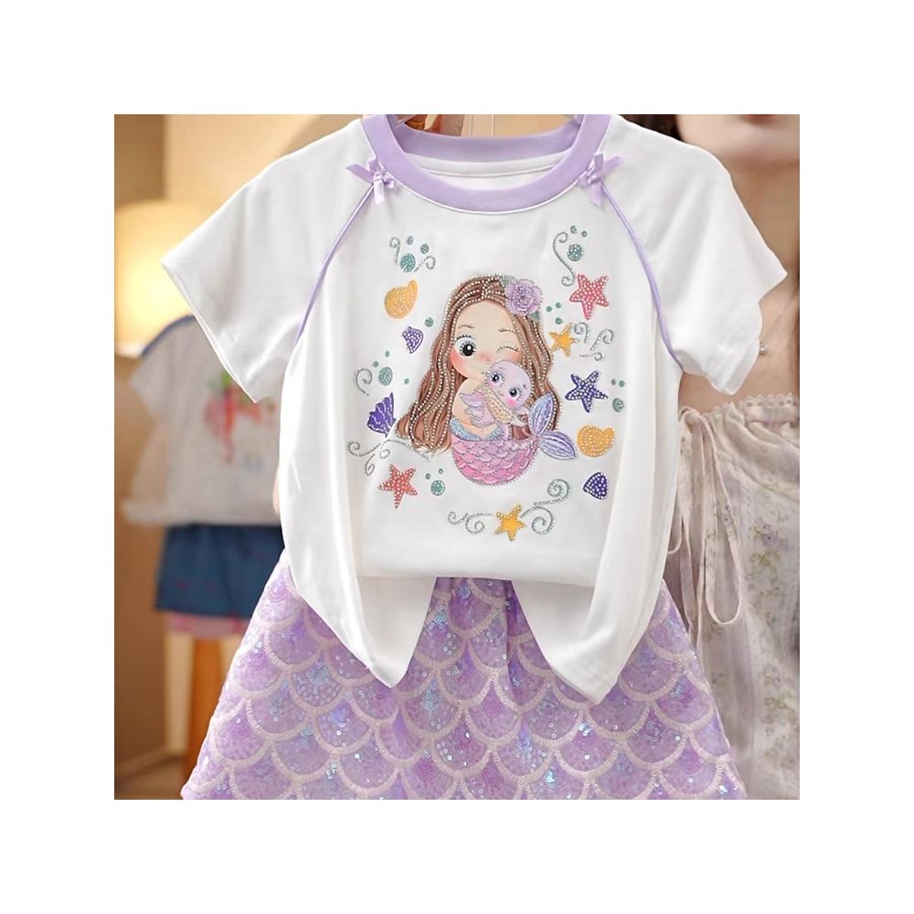 Girl Elsa Short sleeved Sparkling Skirt Set  Summer Women s Treasure Mesh Cartoon Fake Two piece T shirt Half body Short Skirt 9