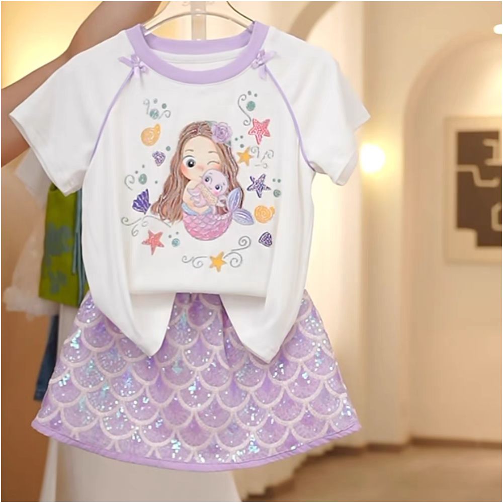 Girl Elsa Short sleeved Sparkling Skirt Set  Summer Women s Treasure Mesh Cartoon Fake Two piece T shirt Half body Short Skirt 9