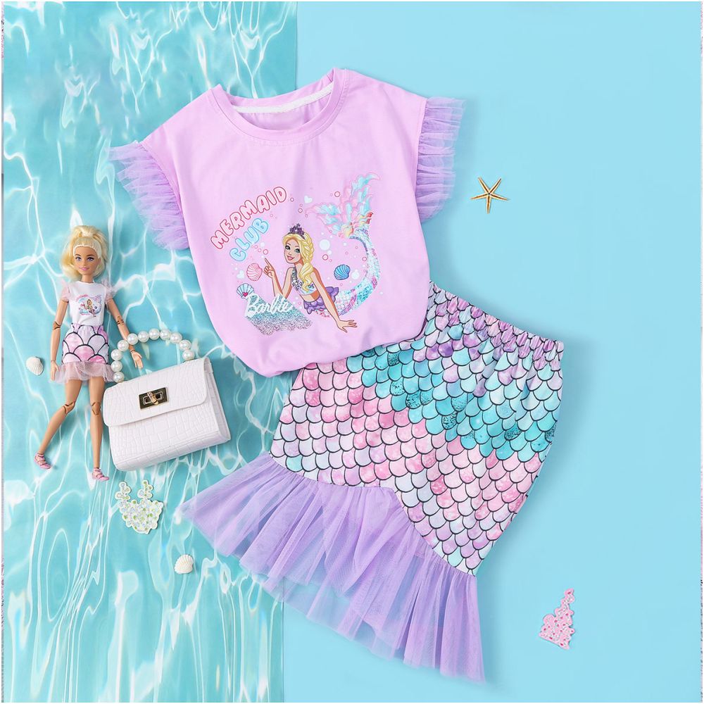 Barbie Summer New White Girls Set Mermaid Children s Set Two Piece Mesh Half Skirt Dress