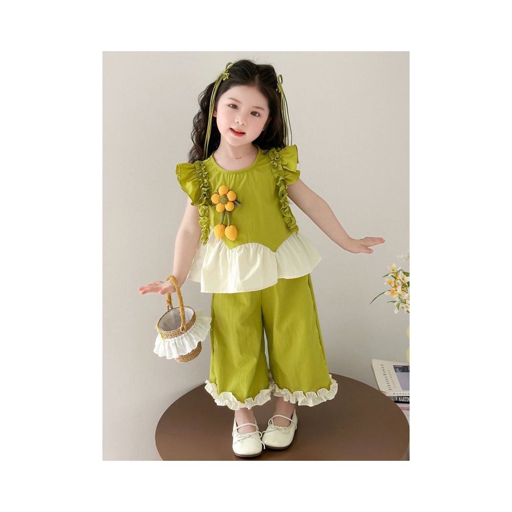 Girls Summer Dress Flying Sleeve Set 2025 New Style Children s Stylish Two piece Set Baby Girl Summer Thin Flower image 0
