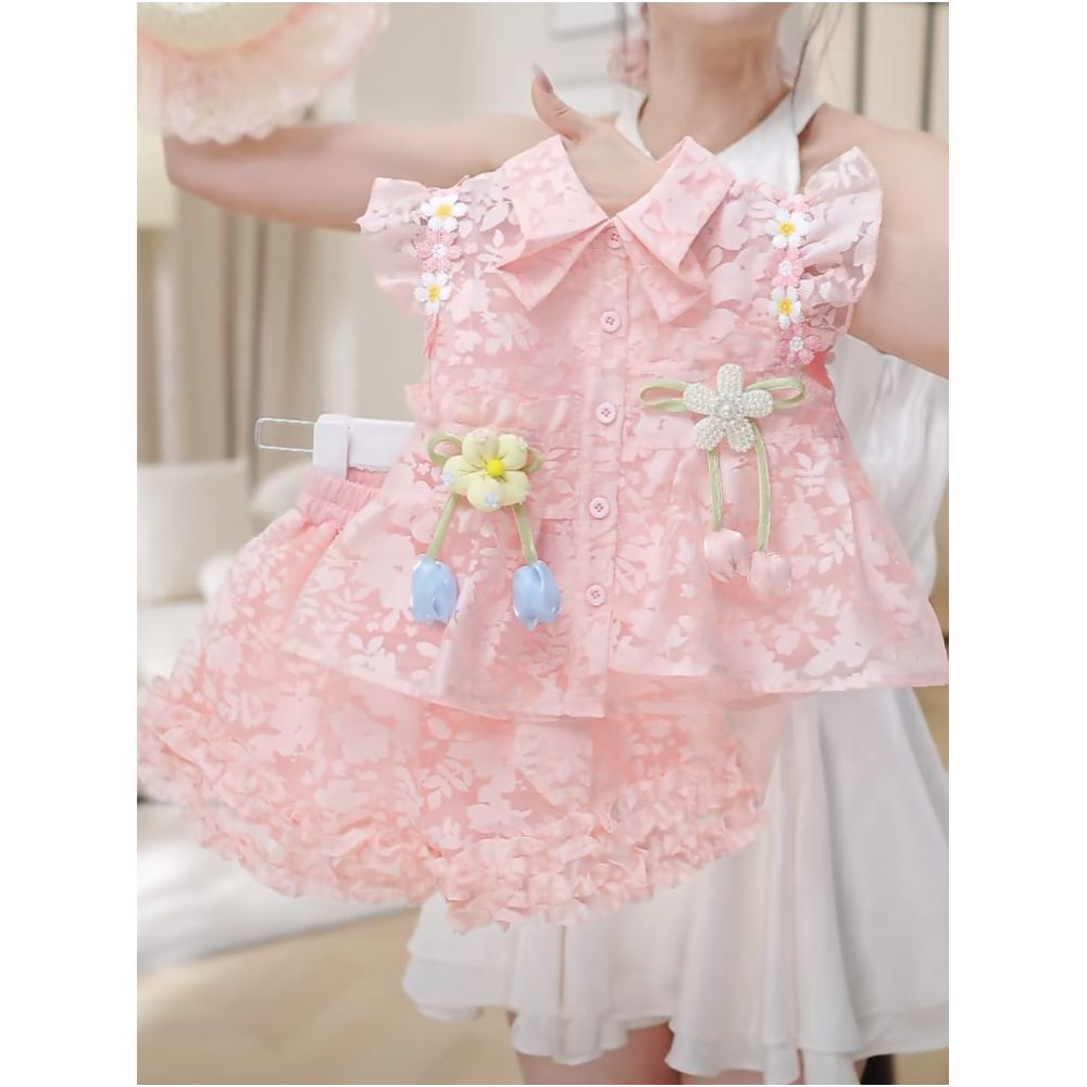 Girl s flying sleeve short sleeved shorts set decoration summer 2025 new sweet and spicy girl backless bow doll shirt trend image 0