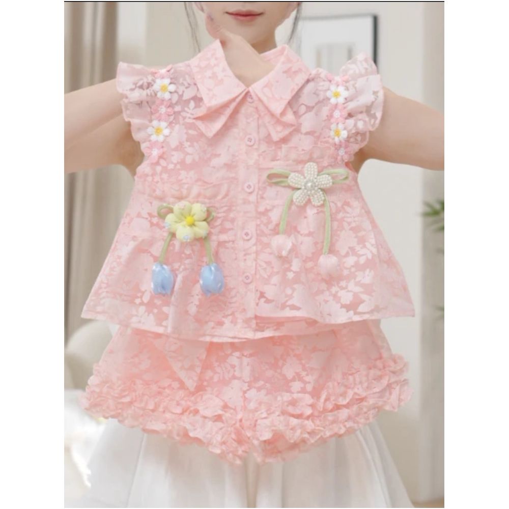Girl s flying sleeve short sleeved shorts set decoration summer 2025 new sweet and spicy girl backless bow doll shirt trend image 1