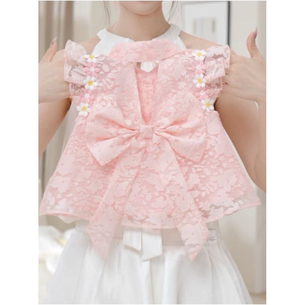 Girl s flying sleeve short sleeved shorts set decoration summer 2025 new sweet and spicy girl backless bow doll shirt trend image 2