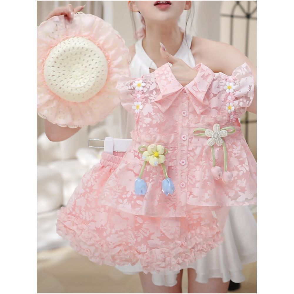 Girl s flying sleeve short sleeved shorts set decoration summer 2025 new sweet and spicy girl backless bow doll shirt trend image 3
