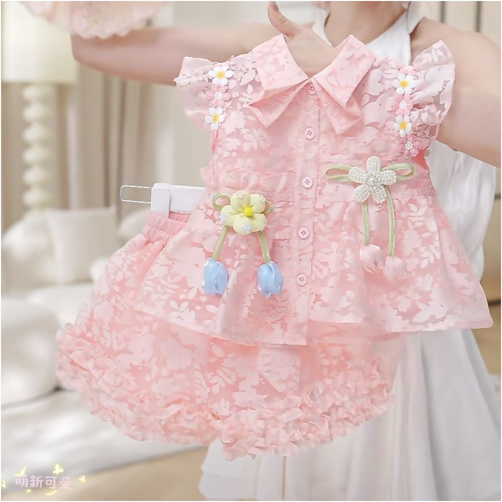 Girl s flying sleeve short sleeved shorts set decoration summer new sweet and spicy girl backless bow doll shirt trend