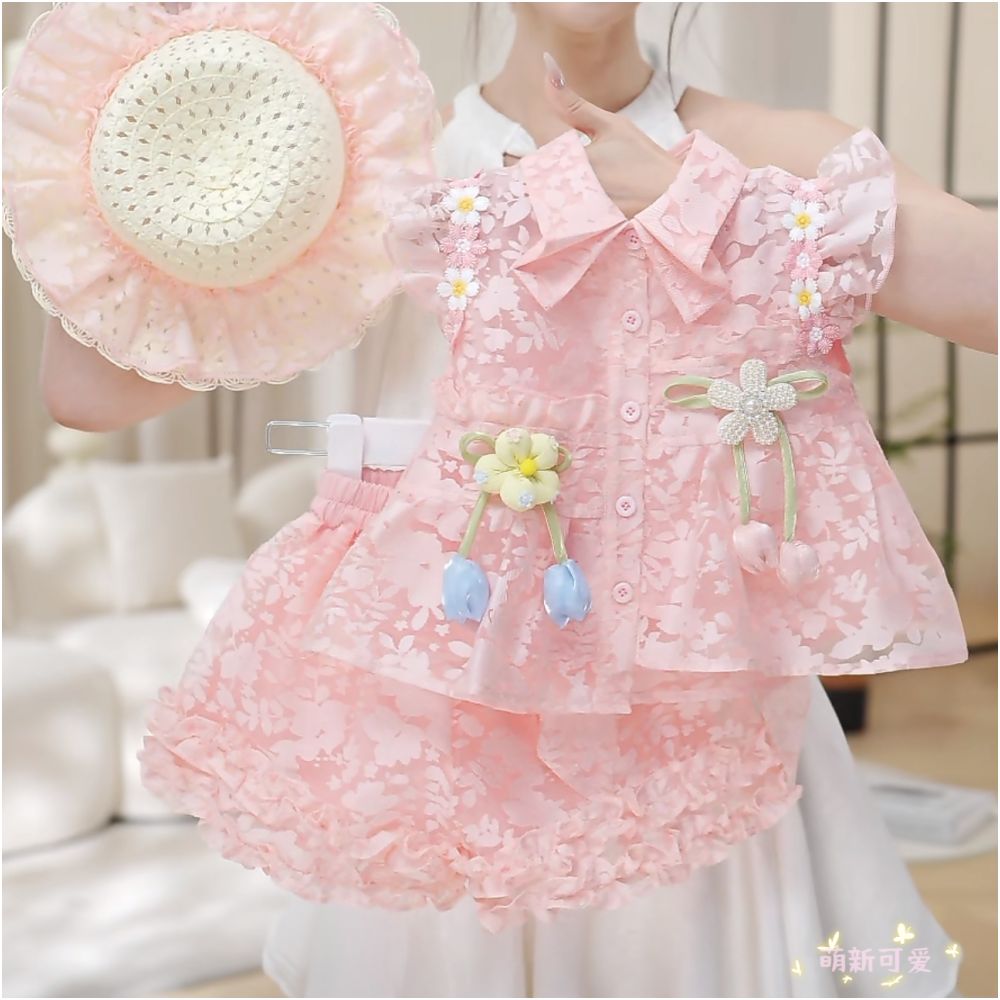 Girl s flying sleeve short sleeved shorts set decoration summer new sweet and spicy girl backless bow doll shirt trend