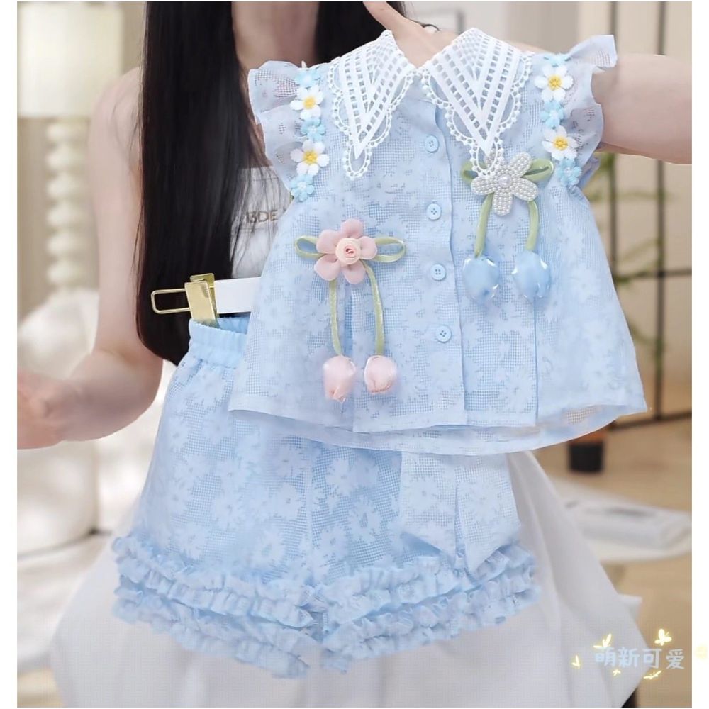 Girl s flying sleeve short sleeved shorts set decoration summer new sweet and spicy girl backless bow doll shirt trend