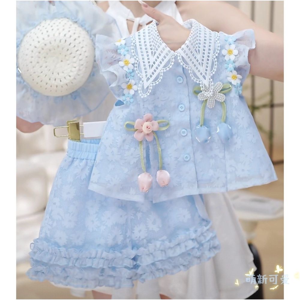 Girl s flying sleeve short sleeved shorts set decoration summer new sweet and spicy girl backless bow doll shirt trend