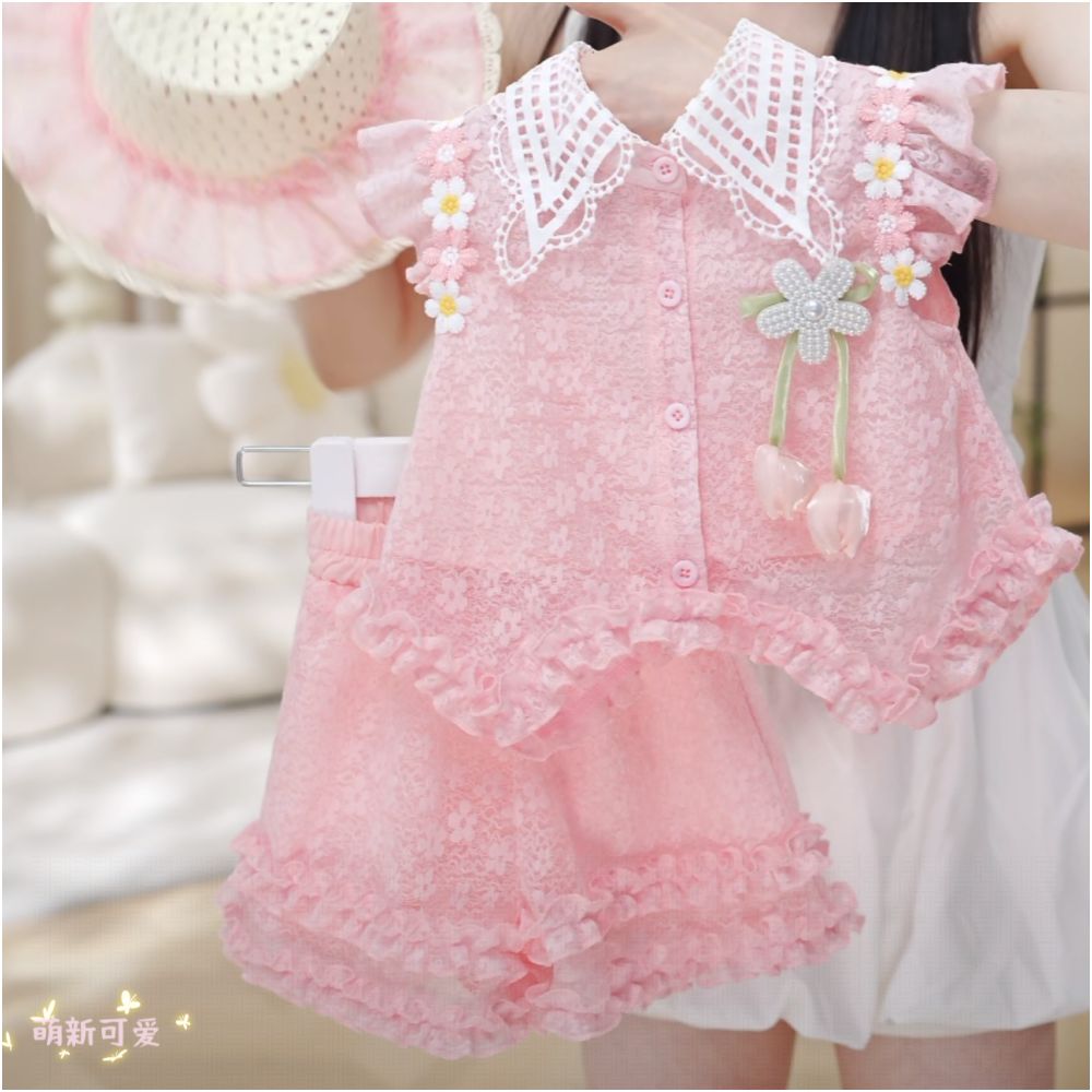 Girl s flying sleeve short sleeved shorts set decoration summer new sweet and spicy girl backless bow doll shirt trend
