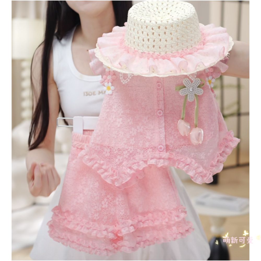 Girl s flying sleeve short sleeved shorts set decoration summer new sweet and spicy girl backless bow doll shirt trend