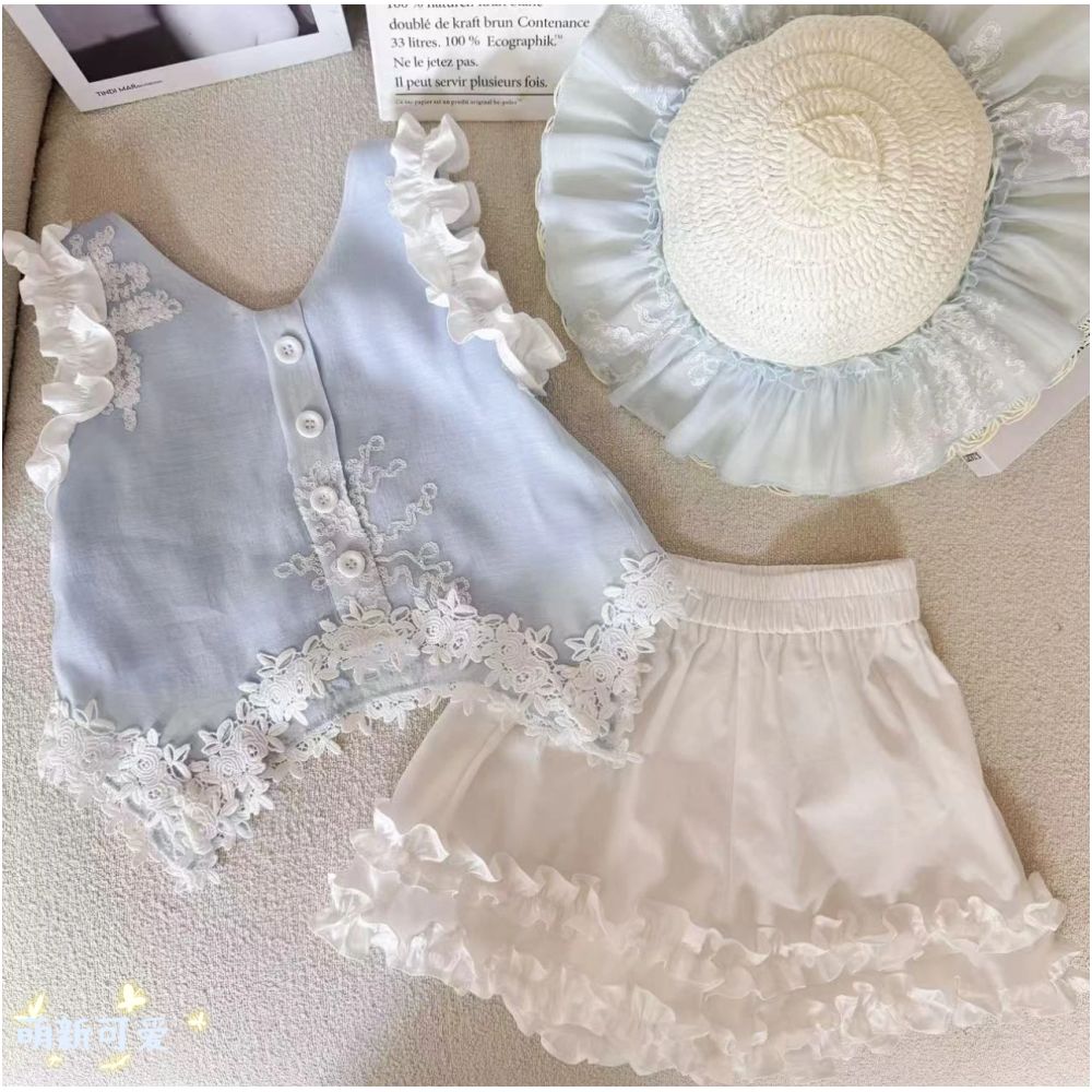 Girl s flying sleeve short sleeved shorts set decoration summer new sweet and spicy girl backless bow doll shirt trend