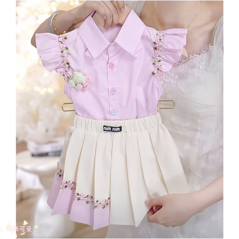 Girl s flying sleeve short sleeved shorts set decoration summer new sweet and spicy girl backless bow doll shirt trend