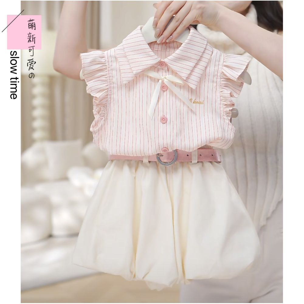 Girl s flying sleeve short sleeved shorts set decoration summer new sweet and spicy girl backless bow doll shirt trend