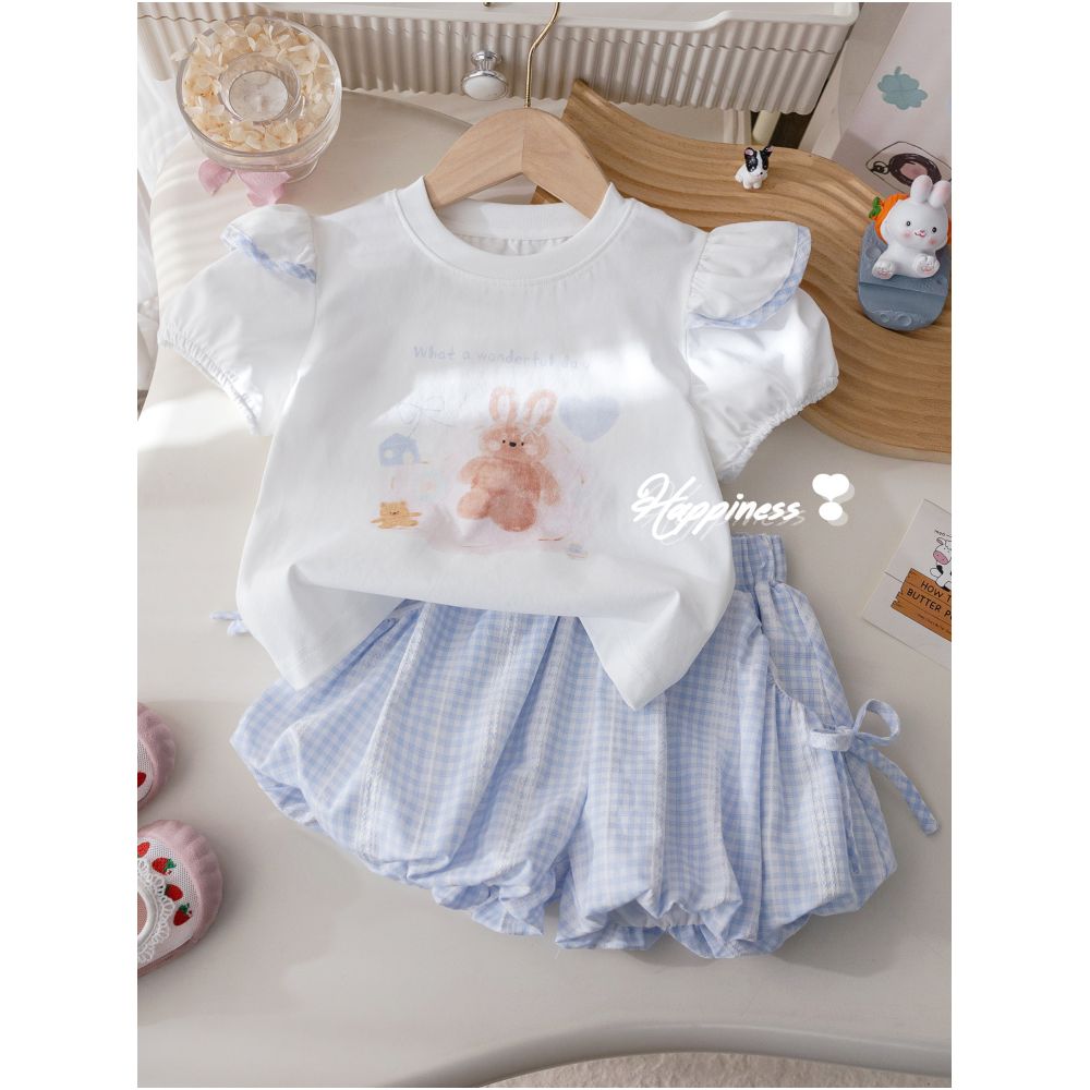 Girls Korean version set summer new cartoon printed T shirt fashionable plaid bow flower bud pants two piece set trendy image 0