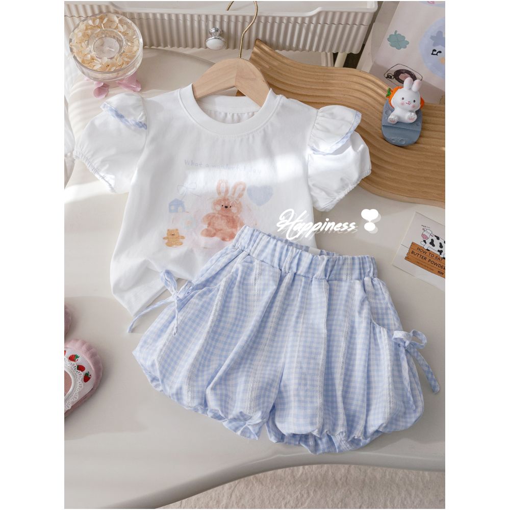Girls Korean version set summer new cartoon printed T shirt fashionable plaid bow flower bud pants two piece set trendy image 1