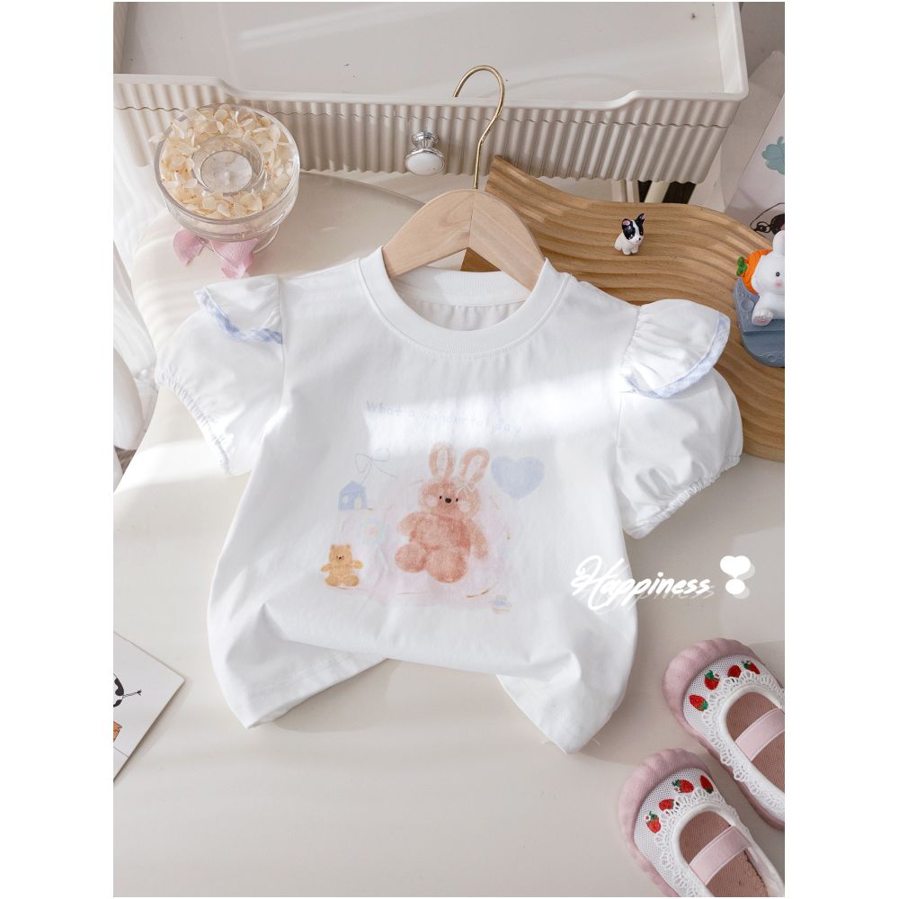 Girls Korean version set summer new cartoon printed T shirt fashionable plaid bow flower bud pants two piece set trendy image 2