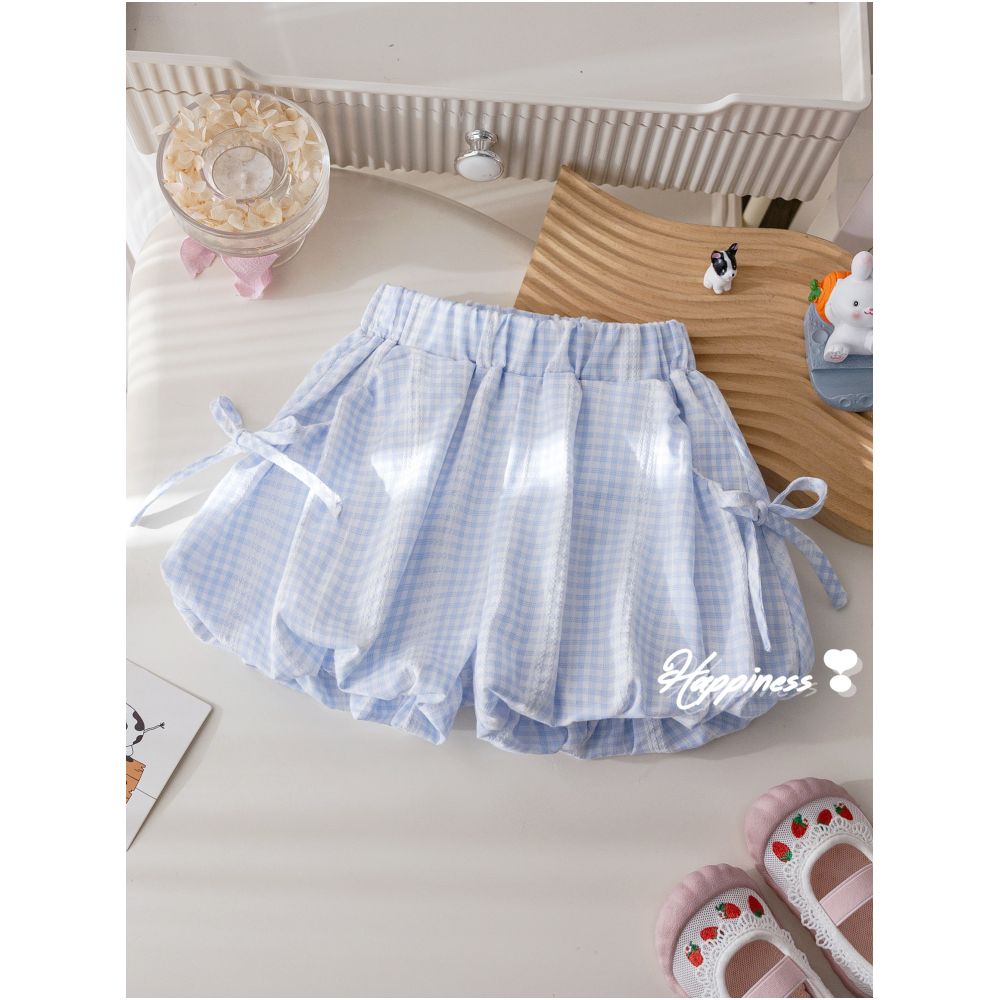 Girls Korean version set summer new cartoon printed T shirt fashionable plaid bow flower bud pants two piece set trendy image 3