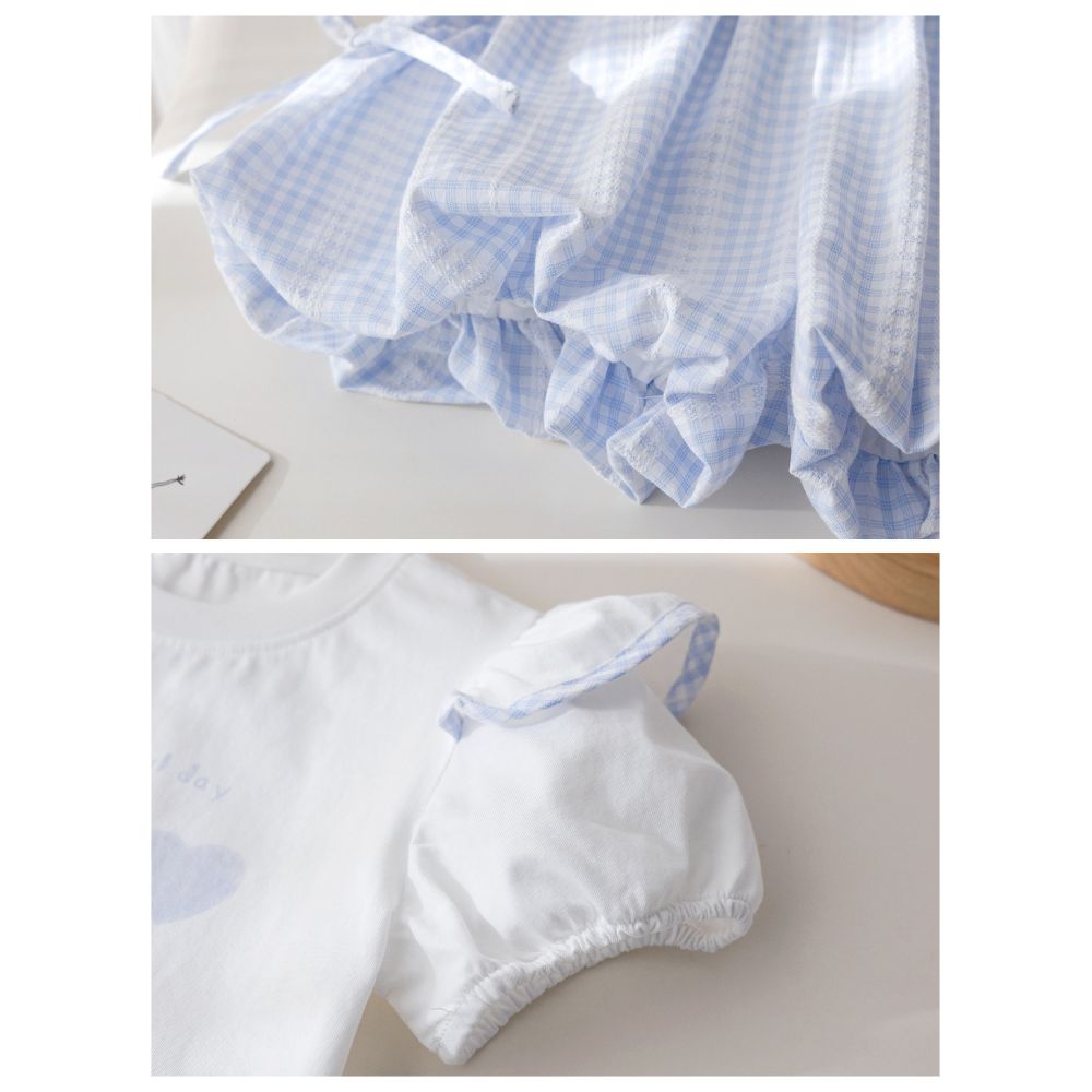 Girls Korean version set summer new cartoon printed T shirt fashionable plaid bow flower bud pants two piece set trendy image 4