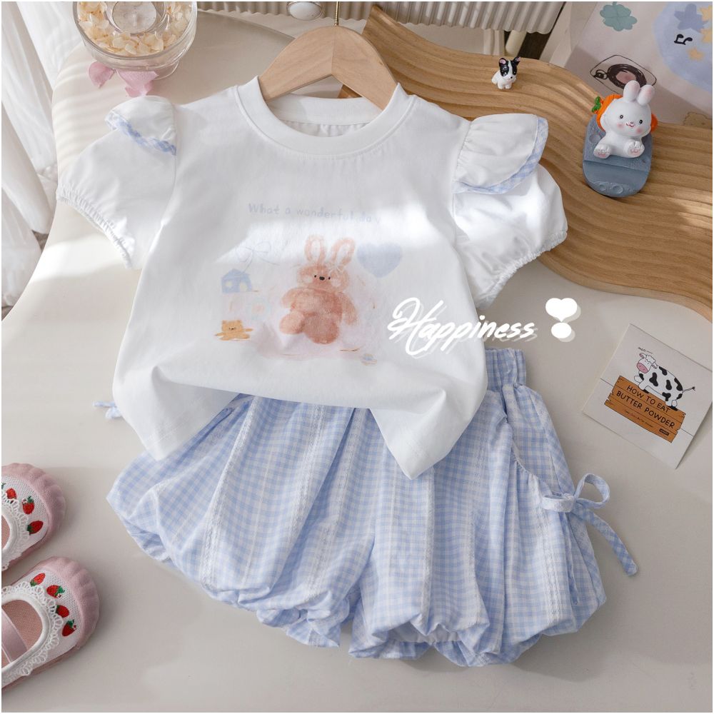 Girls Korean version set summer new cartoon printed T shirt fashionable plaid bow flower bud pants two piece set trendy