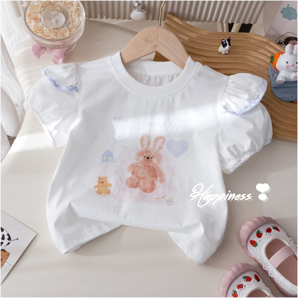 Girls Korean version set summer new cartoon printed T shirt fashionable plaid bow flower bud pants two piece set trendy