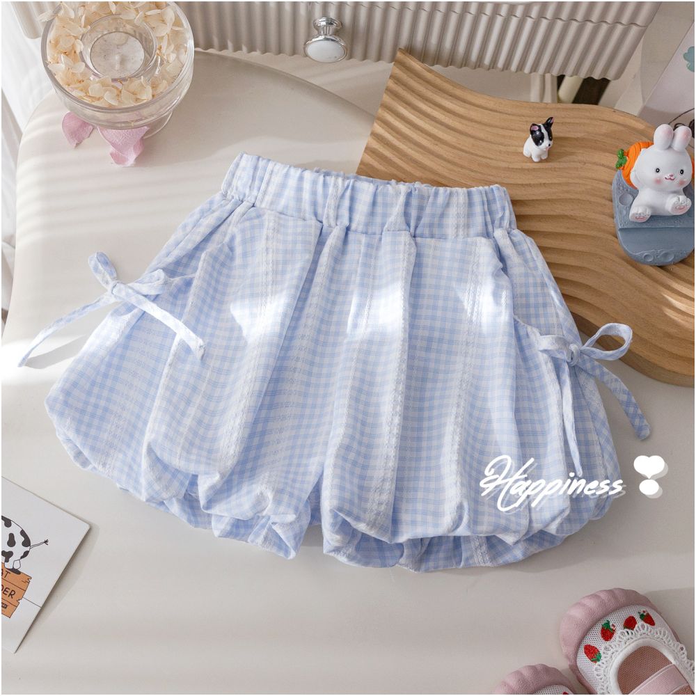 Girls Korean version set summer new cartoon printed T shirt fashionable plaid bow flower bud pants two piece set trendy