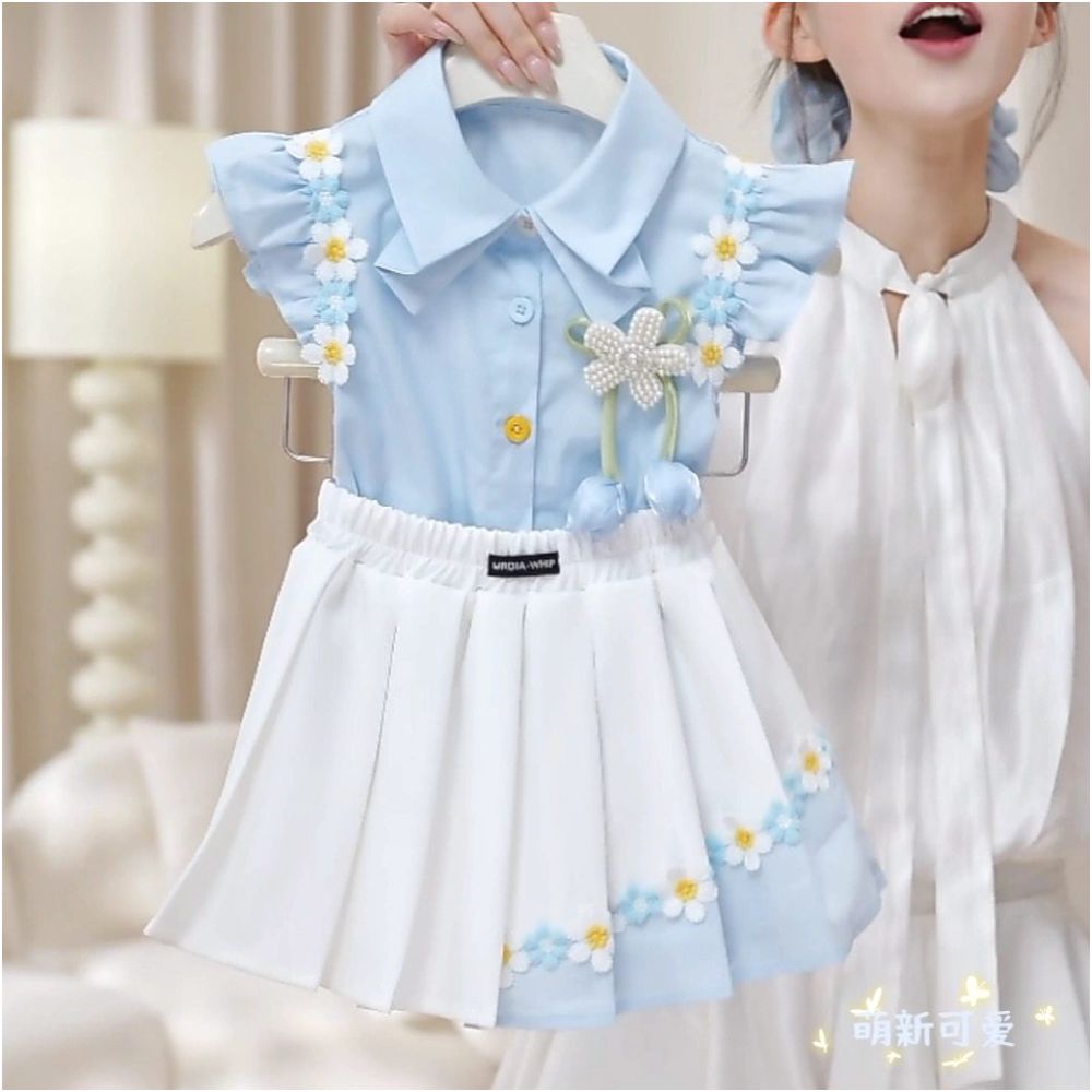 Girls lace vest shorts set summer  new style children s cool lace top sweet two piece set trendy