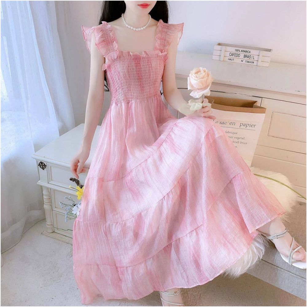 Xiaofei sleeve floral dress for women s summer 2025 new style high end feeling waist cinching and slimming French style age reducing suspender long skirt image 0