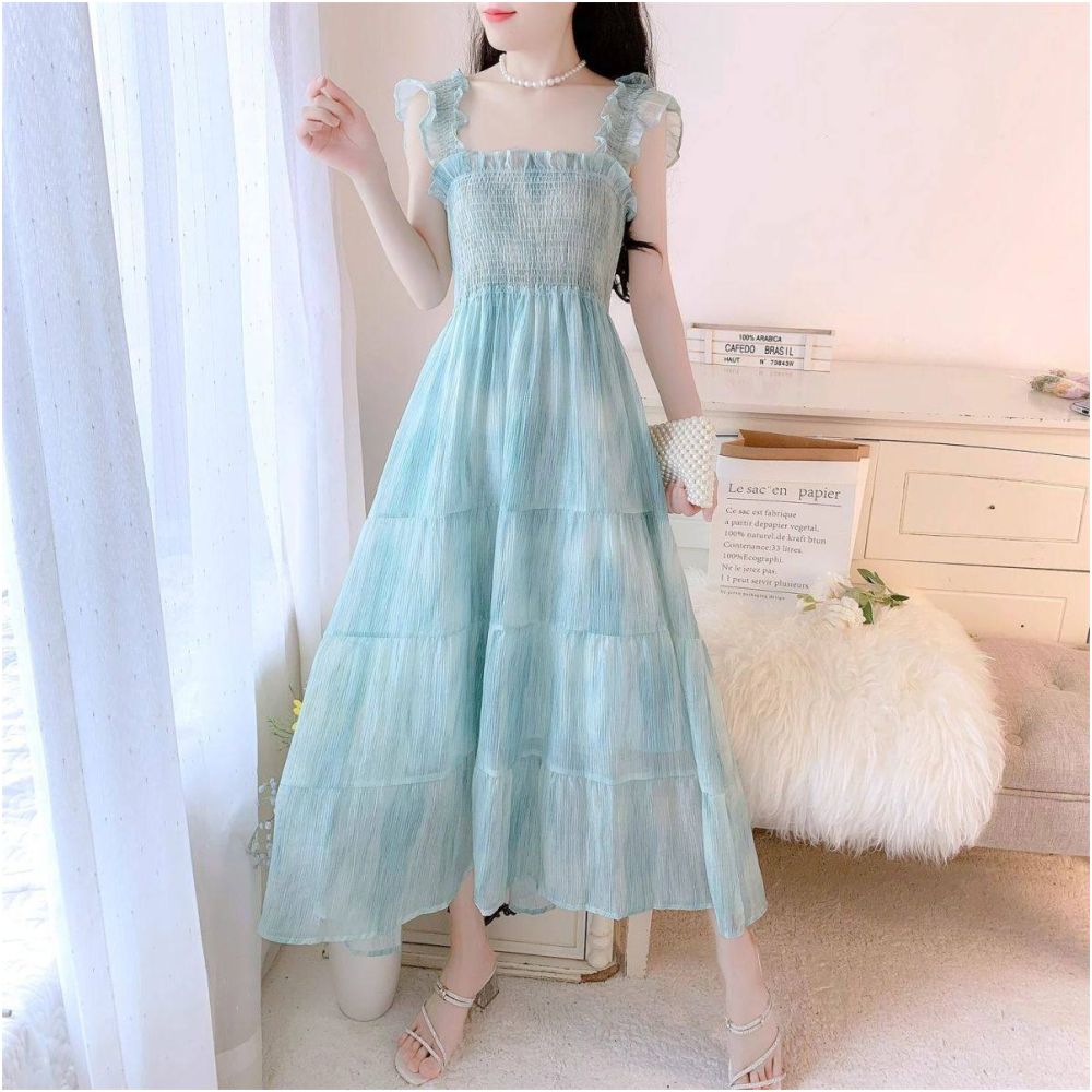 Xiaofei sleeve floral dress for women s summer new style high end feeling waist cinching and slimming French style age reducing suspender long skirt