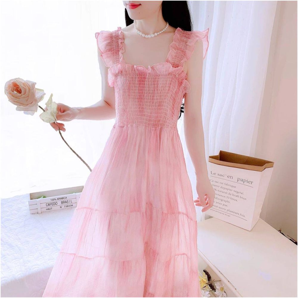 Xiaofei sleeve floral dress for women s summer new style high end feeling waist cinching and slimming French style age reducing suspender long skirt