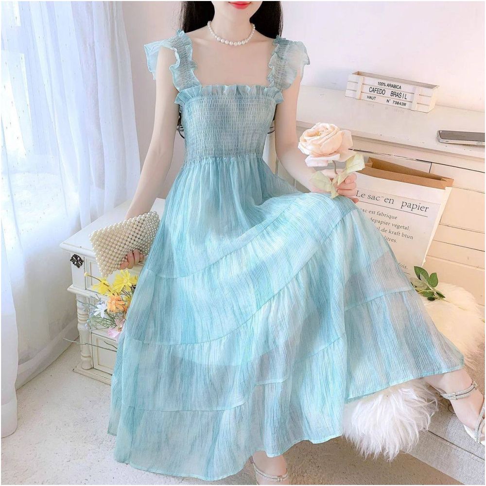 Xiaofei sleeve floral dress for women s summer 2025 new style high end feeling waist cinching and slimming French style age reducing suspender long skirt image 4