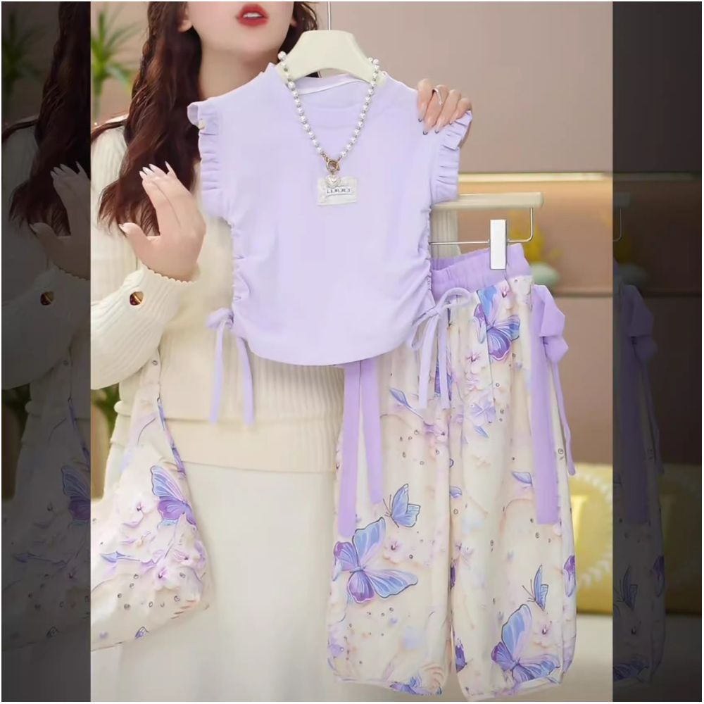 Girls Set 2025 Summer New Mid sized Girls Korean Edition Little Flying Sleeve Mosquito proof Pants Ice Silk Casual Two piece Set image 0