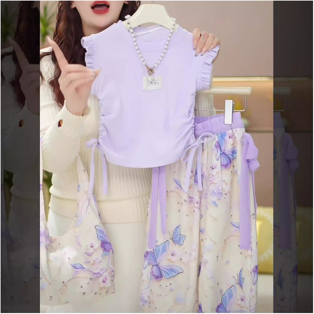 Girls Set 2025 Summer New Mid sized Girls Korean Edition Little Flying Sleeve Mosquito proof Pants Ice Silk Casual Two piece Set image 1