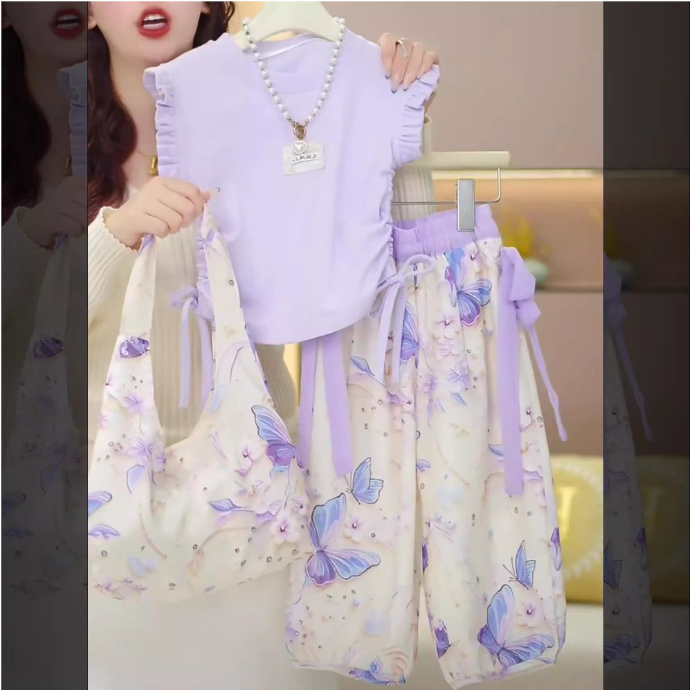 Girls Set 2025 Summer New Mid sized Girls Korean Edition Little Flying Sleeve Mosquito proof Pants Ice Silk Casual Two piece Set image 2