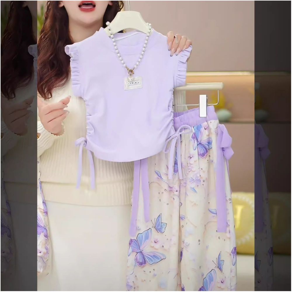 Girls Set 2025 Summer New Mid sized Girls Korean Edition Little Flying Sleeve Mosquito proof Pants Ice Silk Casual Two piece Set image 4