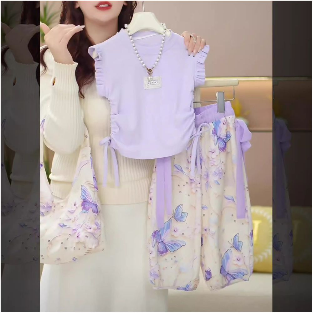 Girls Set  Summer New Mid sized Girls Korean Edition Little Flying Sleeve Mosquito proof Pants Ice Silk Casual Two piece Set