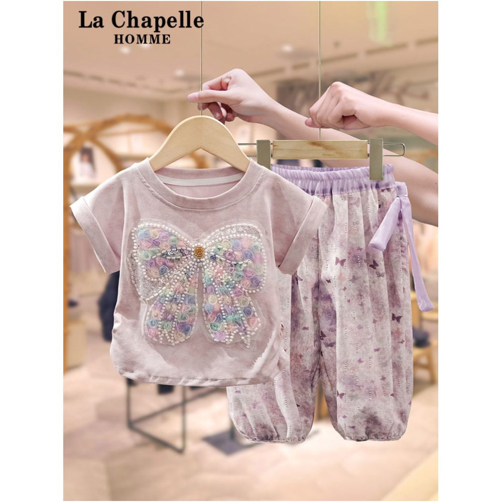 La Chapelle Girls Summer Short sleeved Set 2025 New Style Children s Treasure Sweet Bow T shirt Leggings image 0