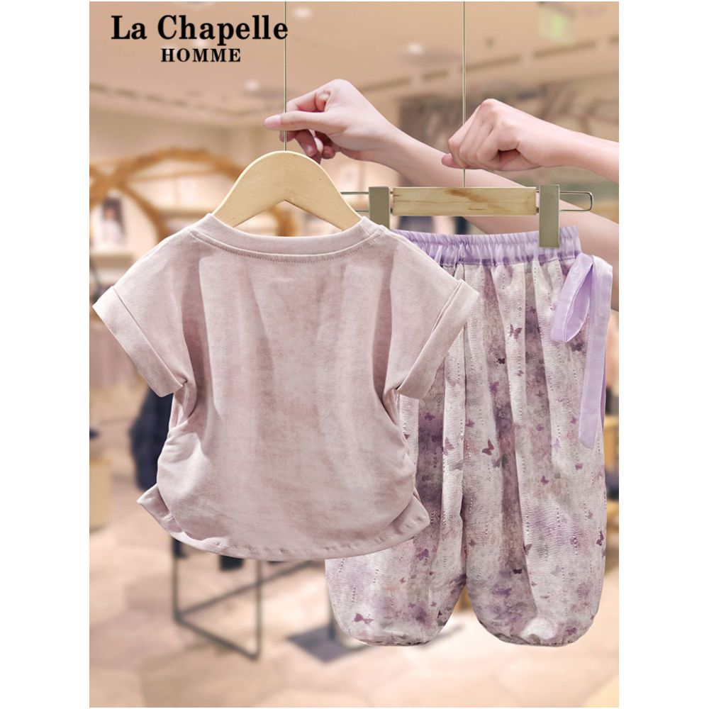 La Chapelle Girls Summer Short sleeved Set 2025 New Style Children s Treasure Sweet Bow T shirt Leggings image 1