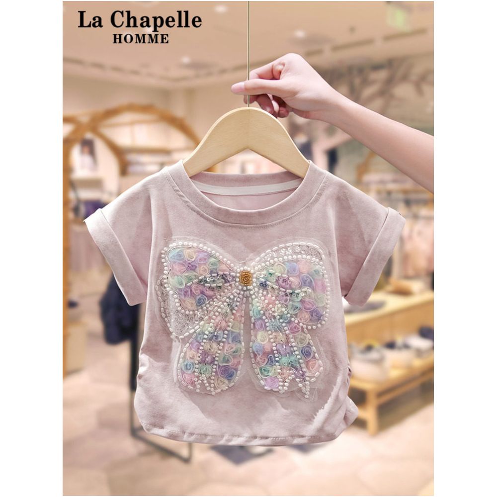 La Chapelle Girls Summer Short sleeved Set 2025 New Style Children s Treasure Sweet Bow T shirt Leggings image 2