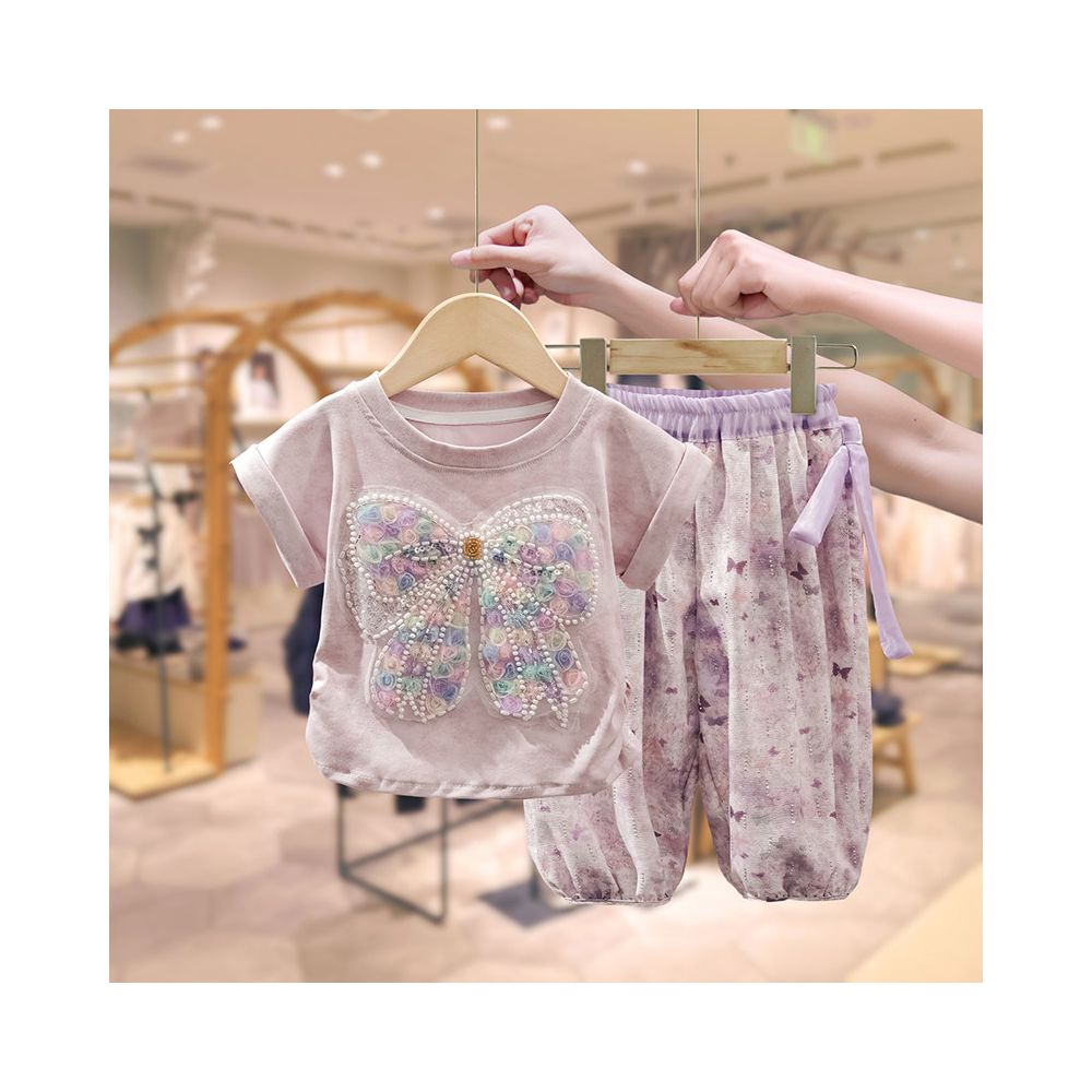La Chapelle Girls Summer Short sleeved Set  New Style Children s Treasure Sweet Bow T shirt Leggings