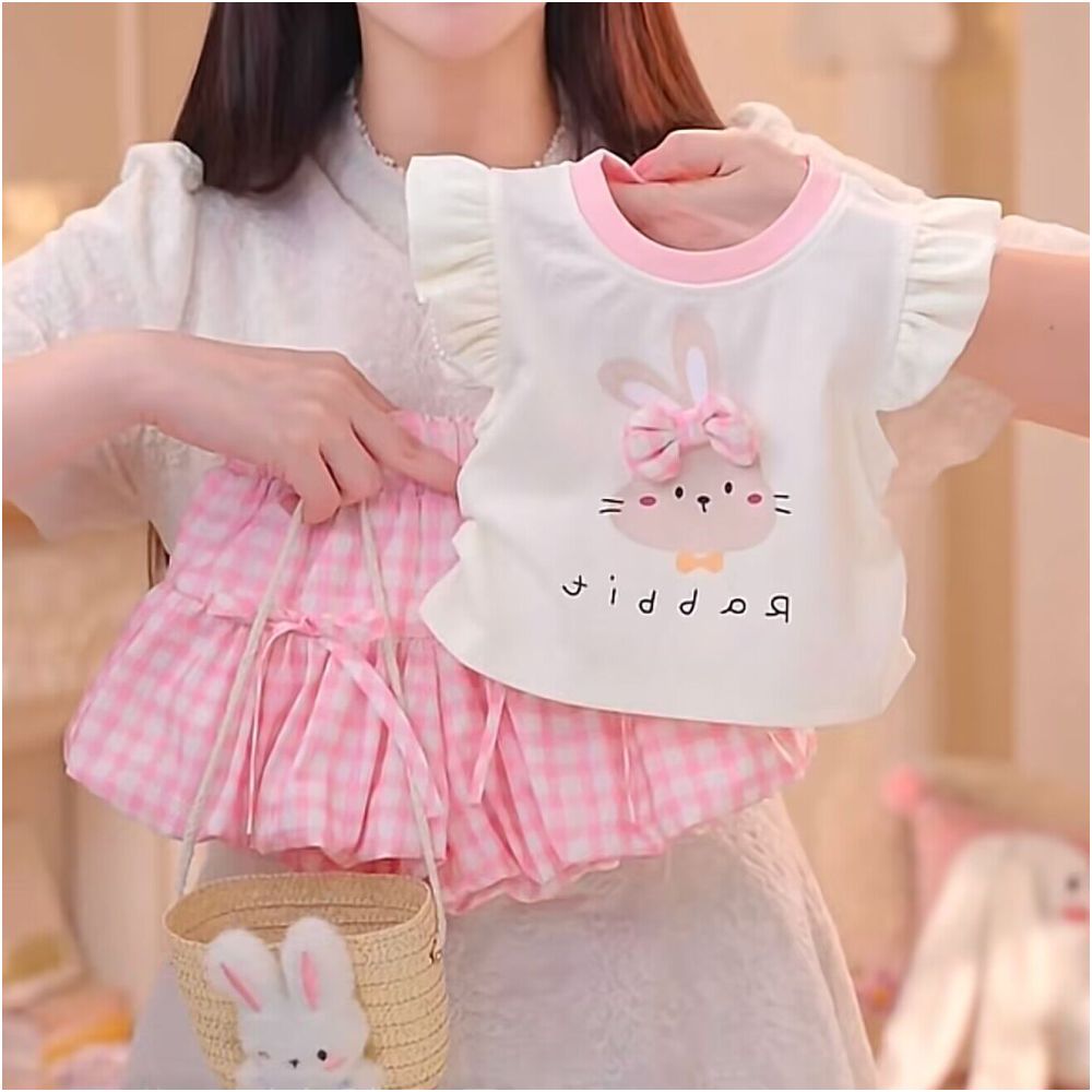 Children s clothing girls summer new cute three dimensional bow bunny flying sleeve skirt and pants set