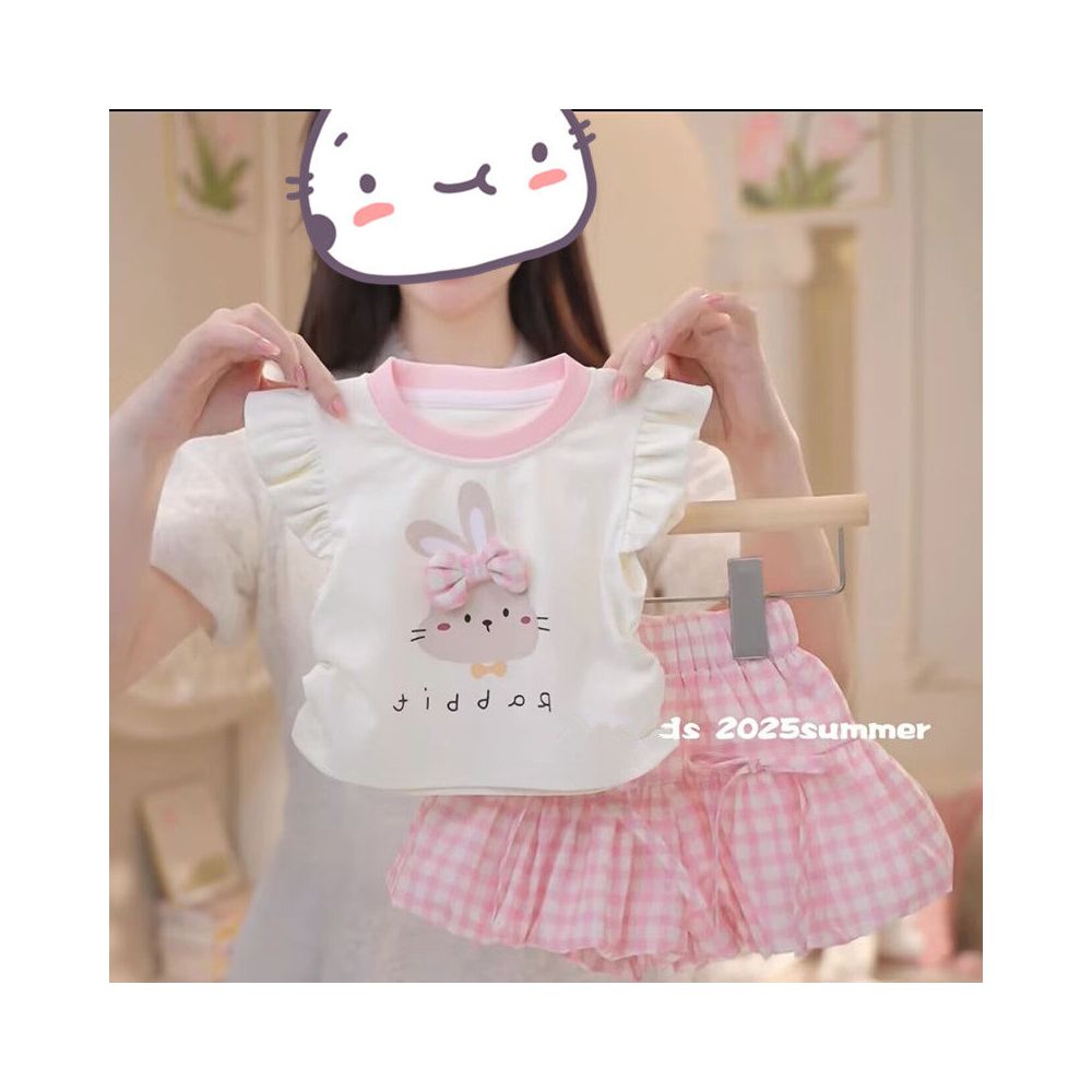 Children s clothing girls summer new cute three dimensional bow bunny flying sleeve skirt and pants set image 1