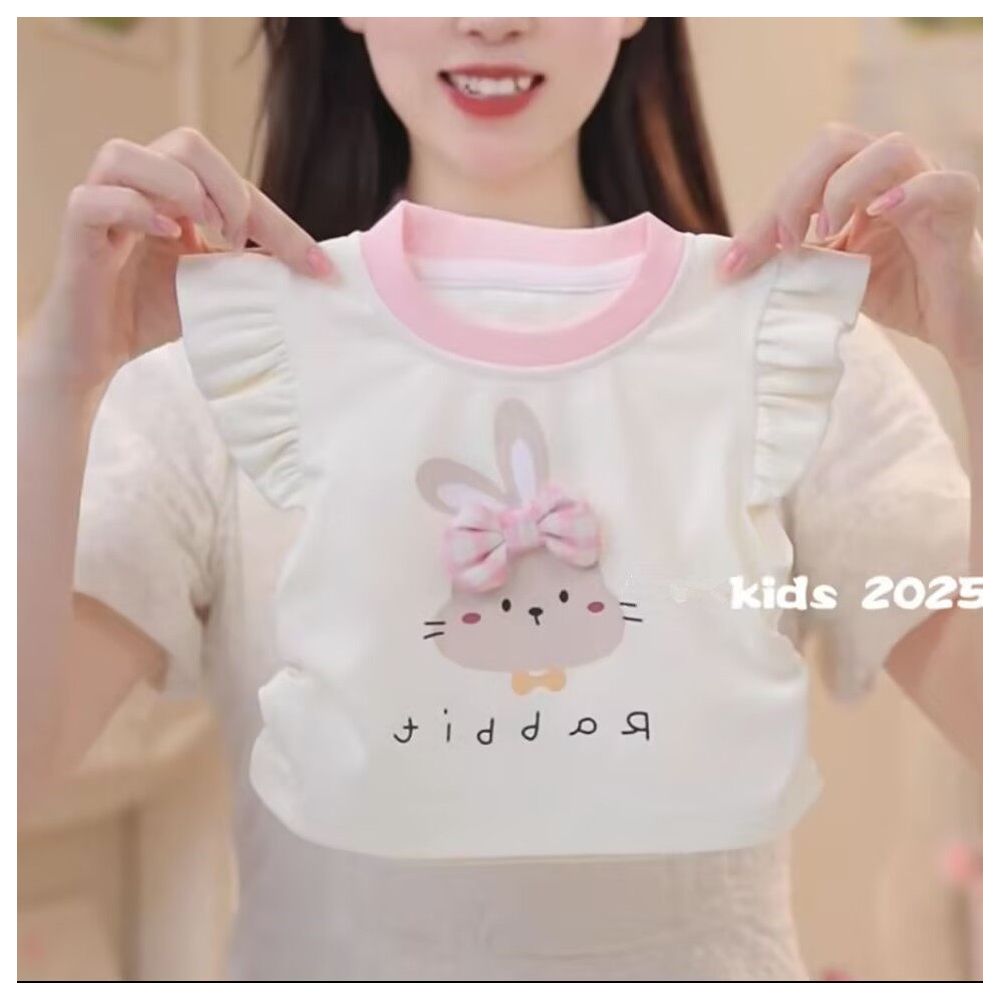 Children s clothing girls summer new cute three dimensional bow bunny flying sleeve skirt and pants set image 3