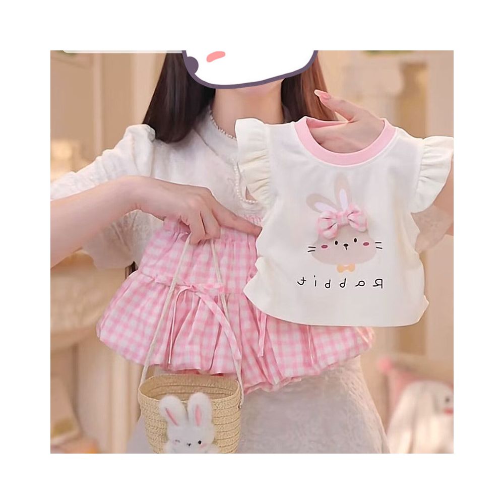 Children s clothing girls summer new cute three dimensional bow bunny flying sleeve skirt and pants set image 4