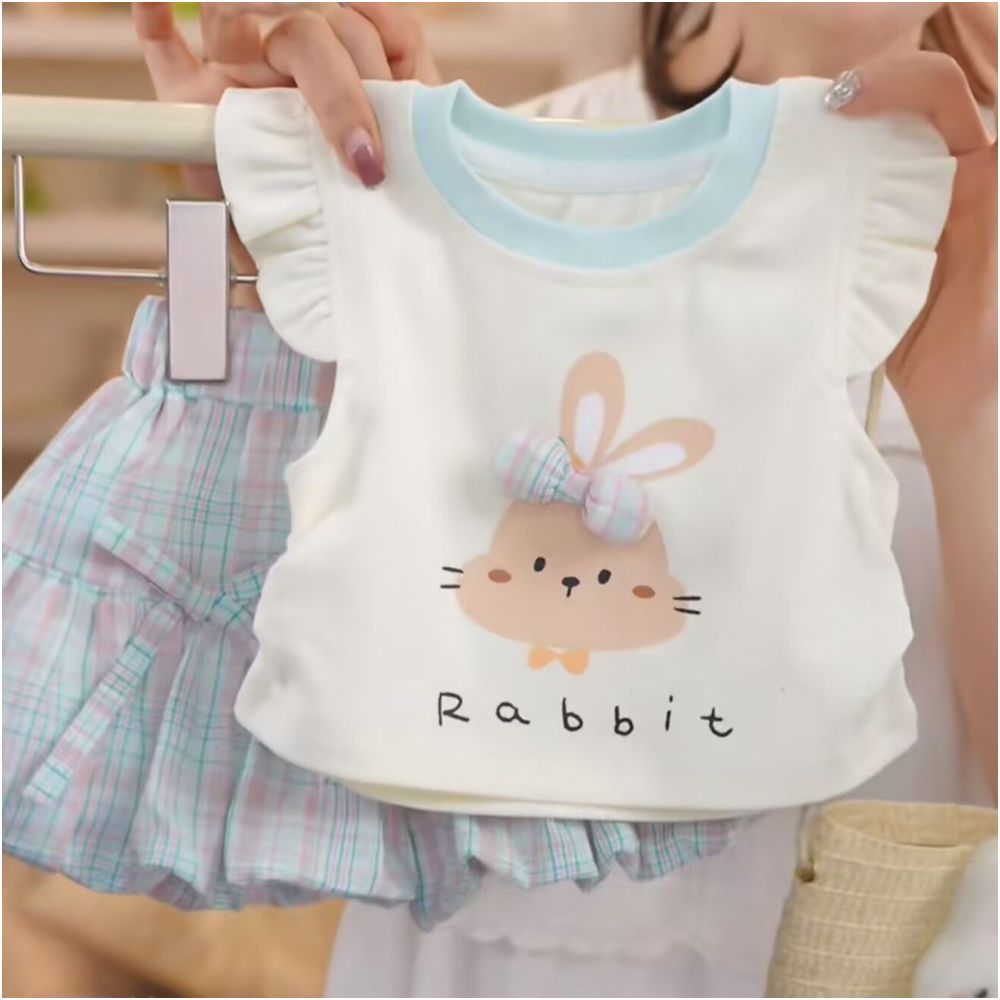 Children s clothing girls summer new cute three dimensional bow bunny flying sleeve skirt and pants set