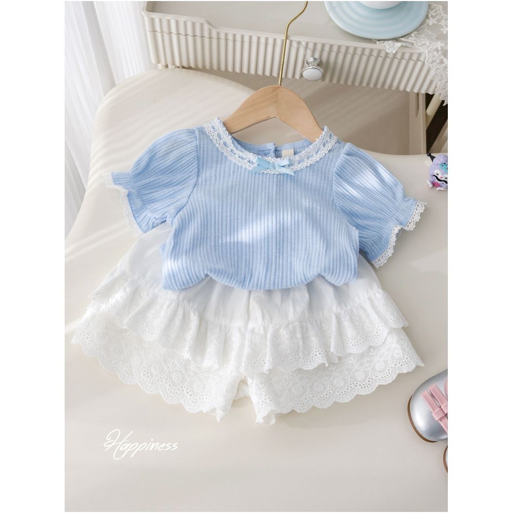 Girls Korean Edition Set Summer New Fashionable Western Lace Short sleeved T shirt Heavy duty Jacquard Pants Skirt Two piece Set Trendy image 0