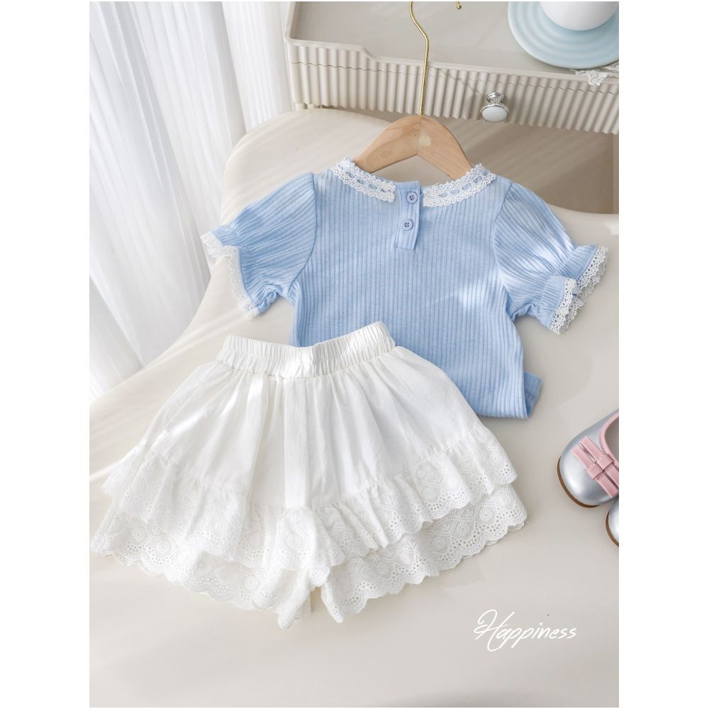 Girls Korean Edition Set Summer New Fashionable Western Lace Short sleeved T shirt Heavy duty Jacquard Pants Skirt Two piece Set Trendy image 1