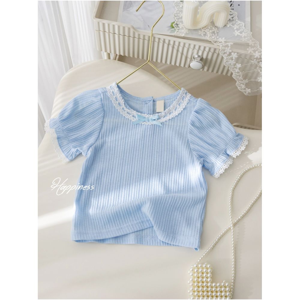 Girls Korean Edition Set Summer New Fashionable Western Lace Short sleeved T shirt Heavy duty Jacquard Pants Skirt Two piece Set Trendy image 2